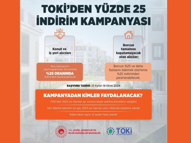 TOKİ'den ev ve iş yeri sahiplerine yüzde 25 indirim fırsatı